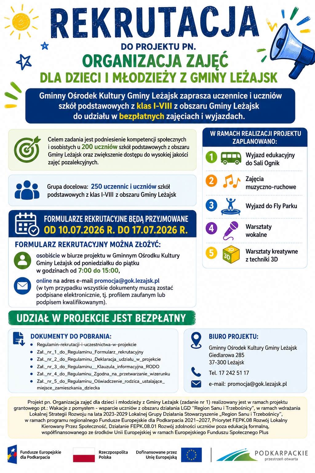 Rekrutacja do projektu pn. Organizacja zajęć dla dzieci i młodzieży z Gminy Leżajsk